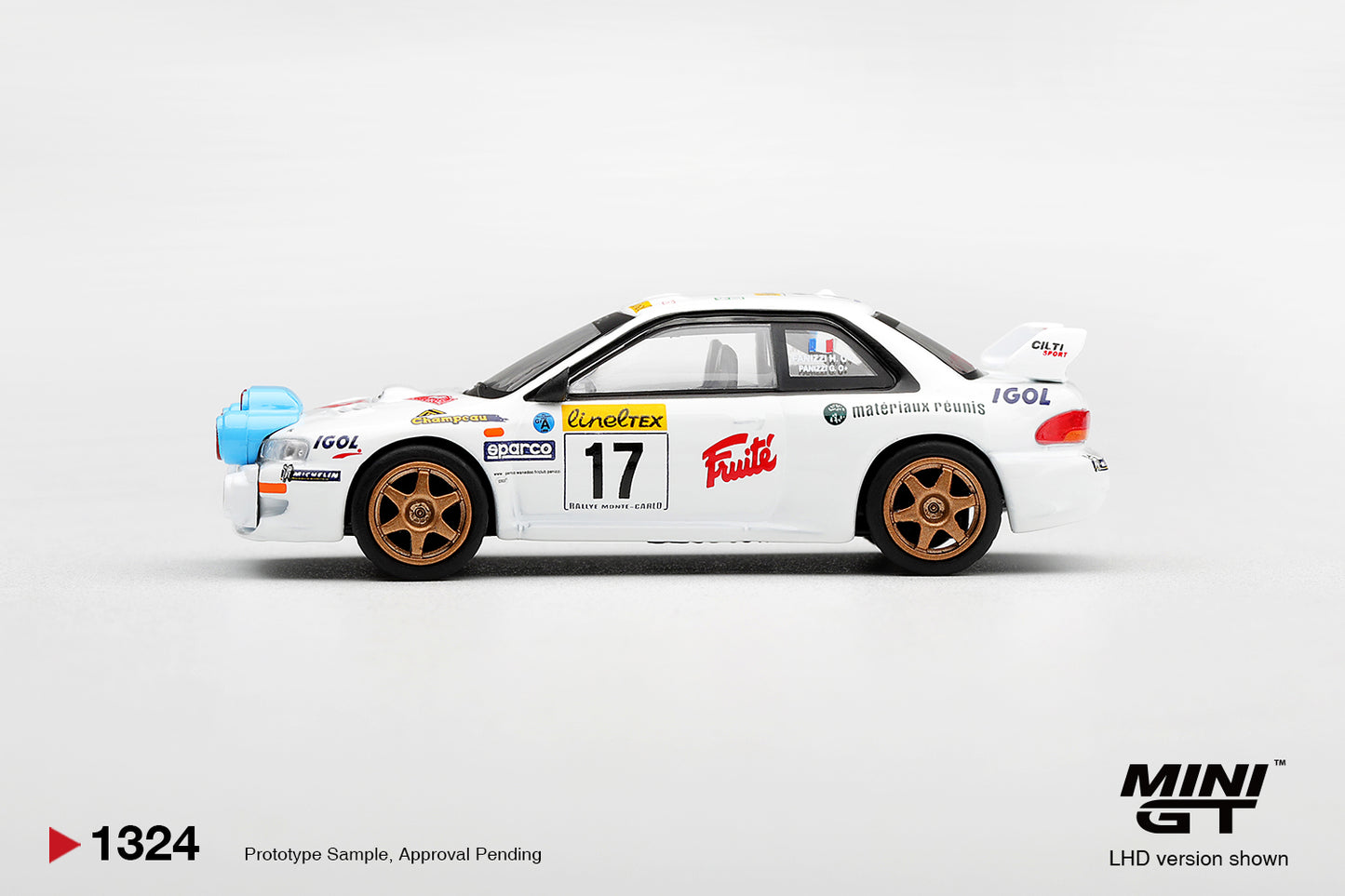 Mini GT Subaru Impreza WRC98 #17 from the 1999 Rallye Monte-Carlo. Side