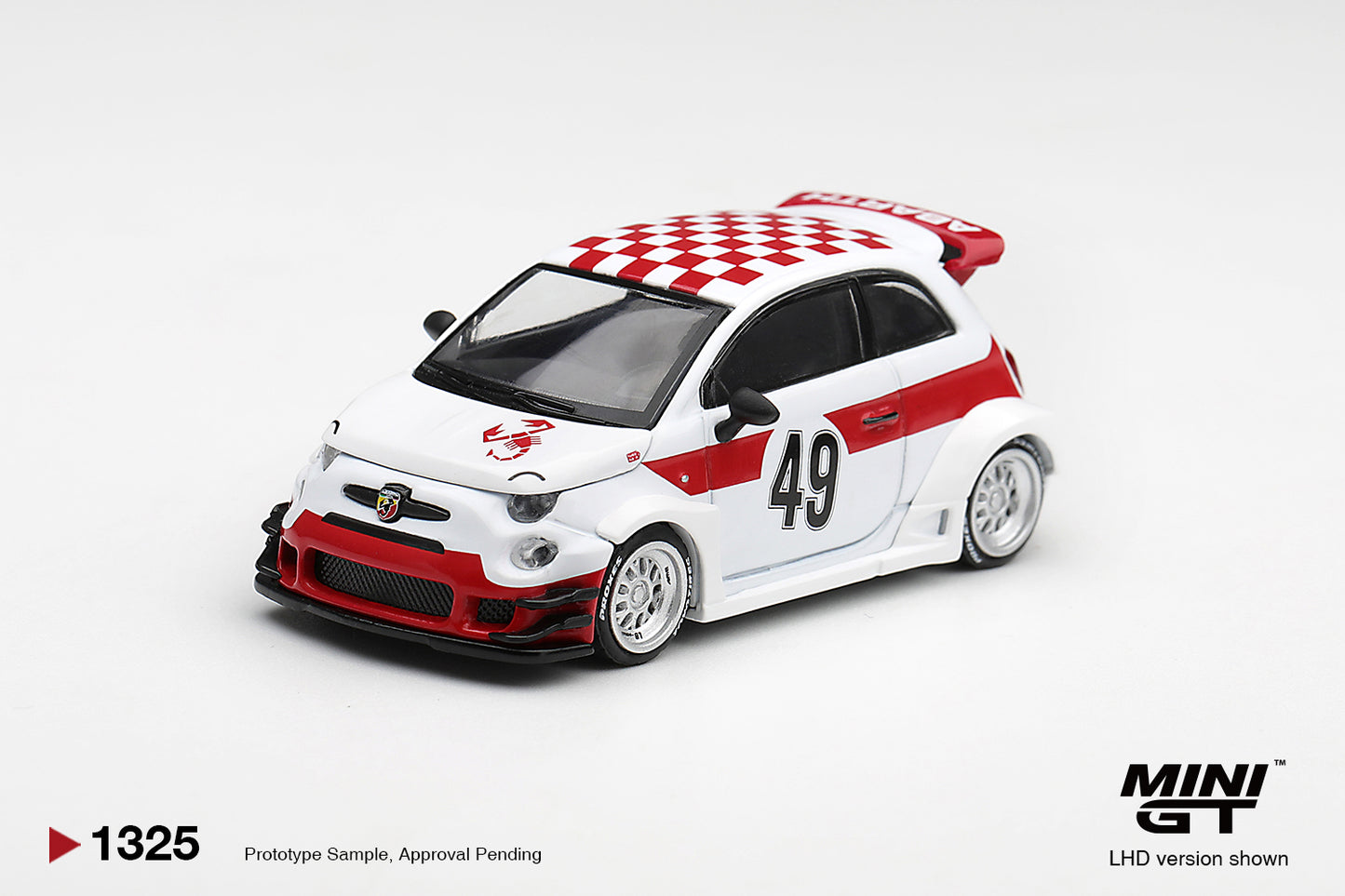 Mini GT Fiat 595 Abarth LB-Works × Abas Works 1000 TC Tribute with Liberty Walk styling. Front