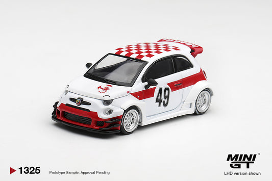 Mini GT Fiat 595 Abarth LB-Works × Abas Works 1000 TC Tribute with Liberty Walk styling. Front