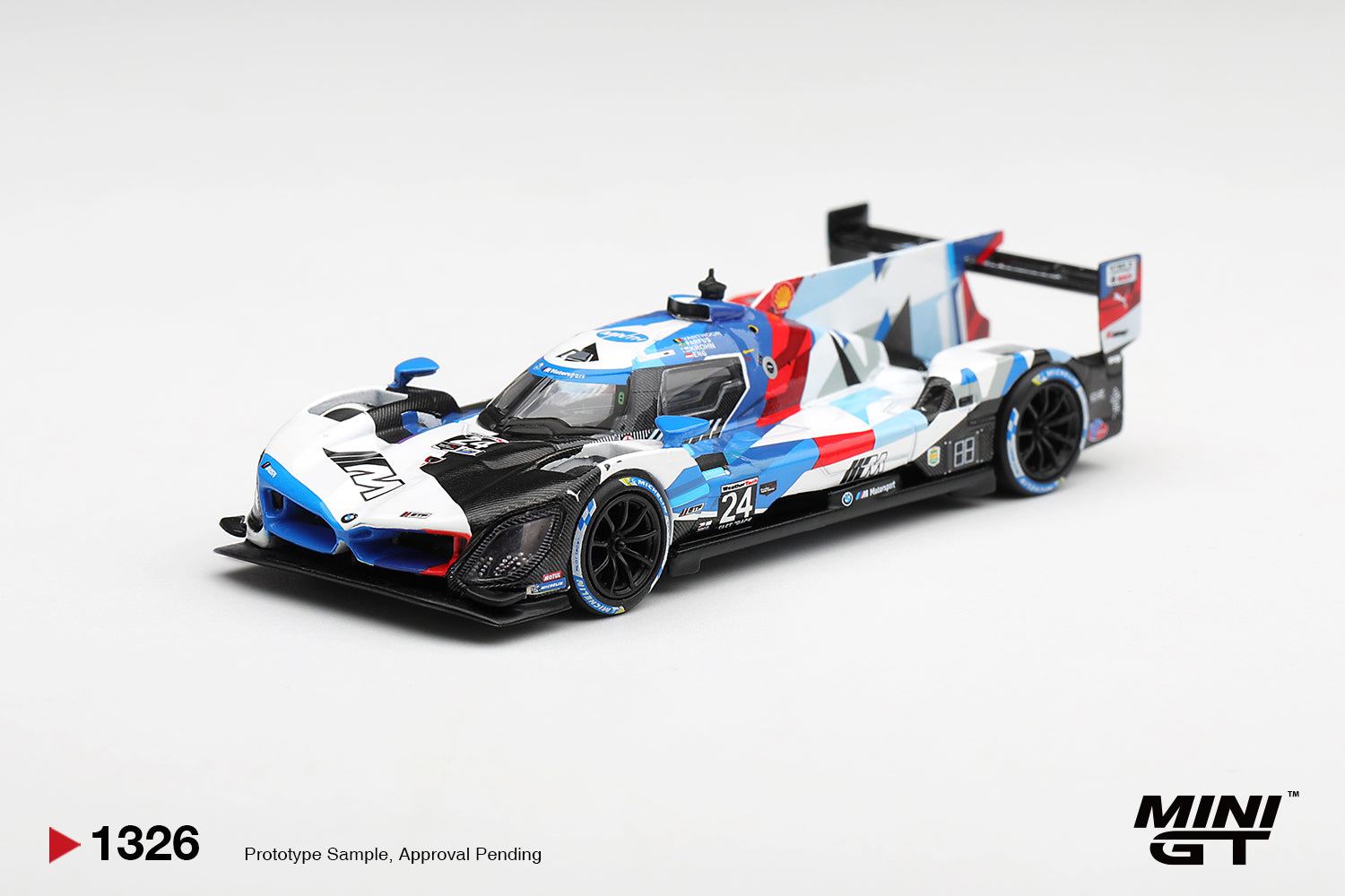 Mini GT BMW M Hybrid V8 GTP #24 BMW M Team RLL from the 2024 Rolex 24 at Daytona. Front
