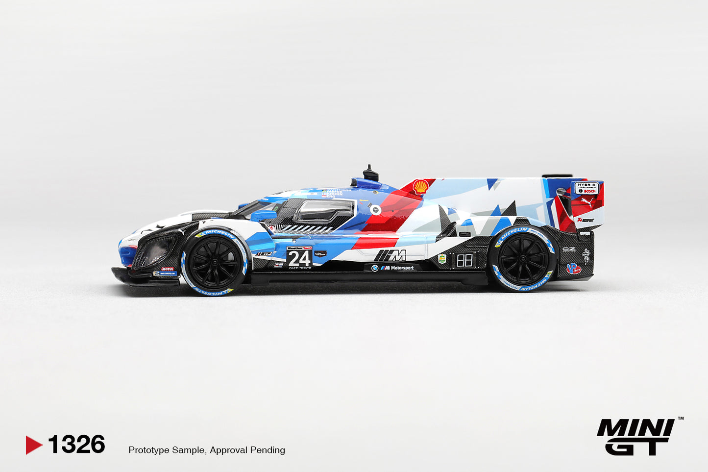 Mini GT BMW M Hybrid V8 GTP #24 BMW M Team RLL from the 2024 Rolex 24 at Daytona. Side