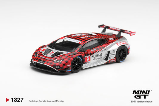 Mini GT Lamborghini Huracán GT3 EVO2 #9 PFAFF Motorsports GTD PRO race car. Front