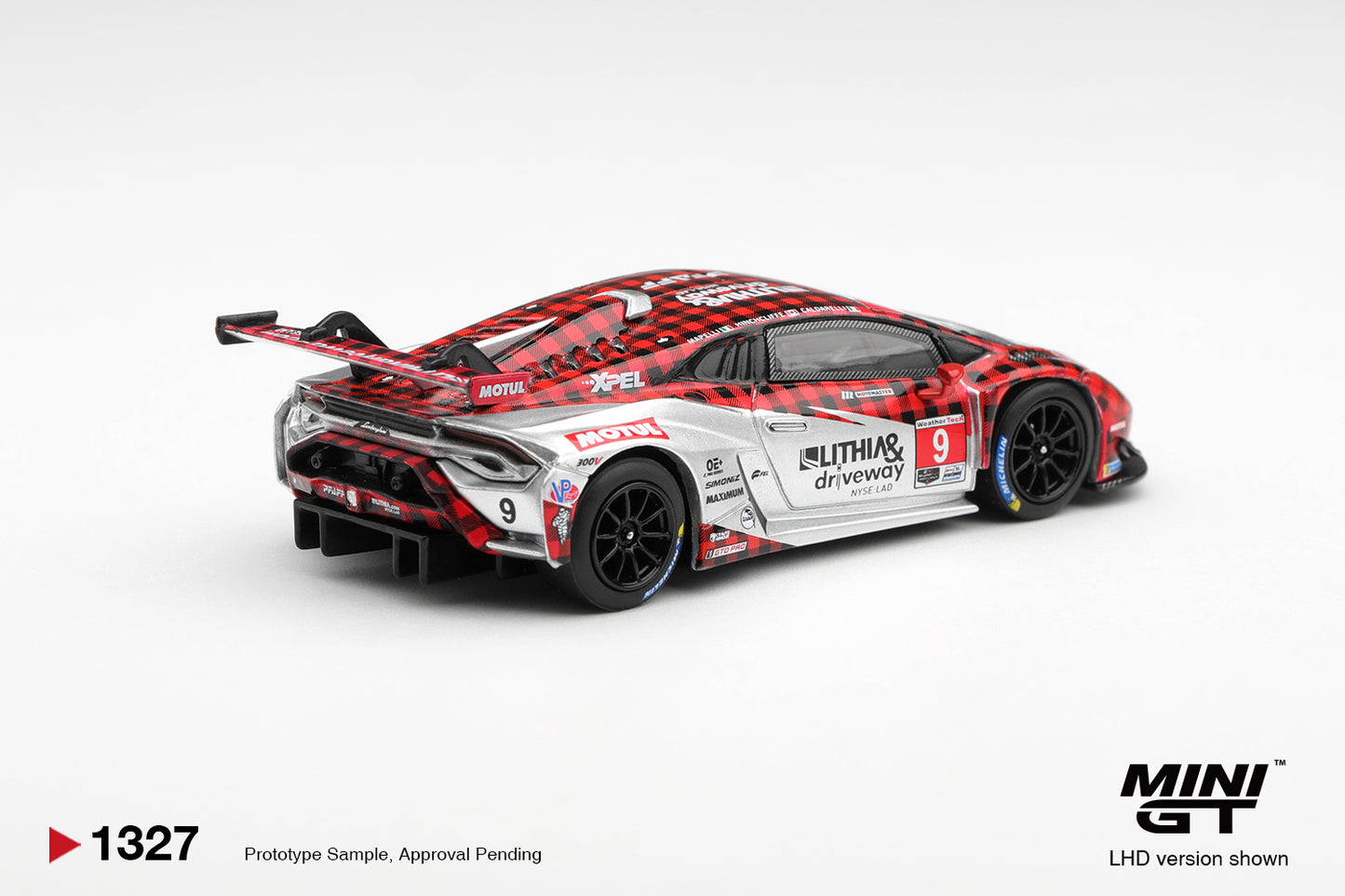 Mini GT Lamborghini Huracán GT3 EVO2 #9 PFAFF Motorsports GTD PRO race car. Back