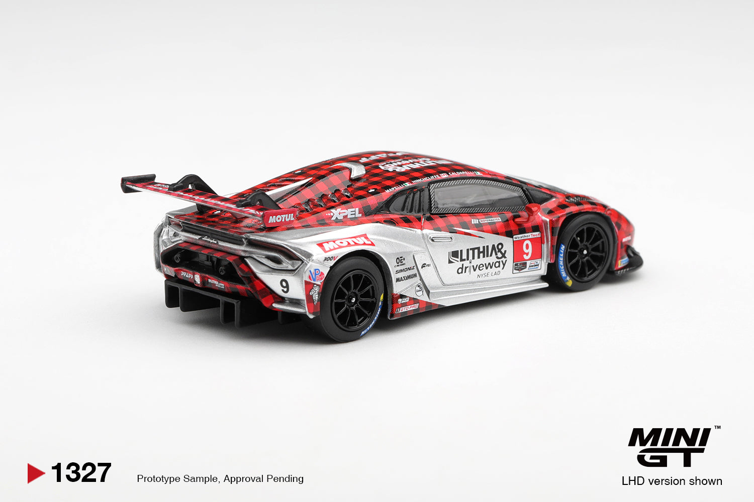 Mini GT Lamborghini Huracán GT3 EVO2 #9 PFAFF Motorsports GTD PRO race car. Back