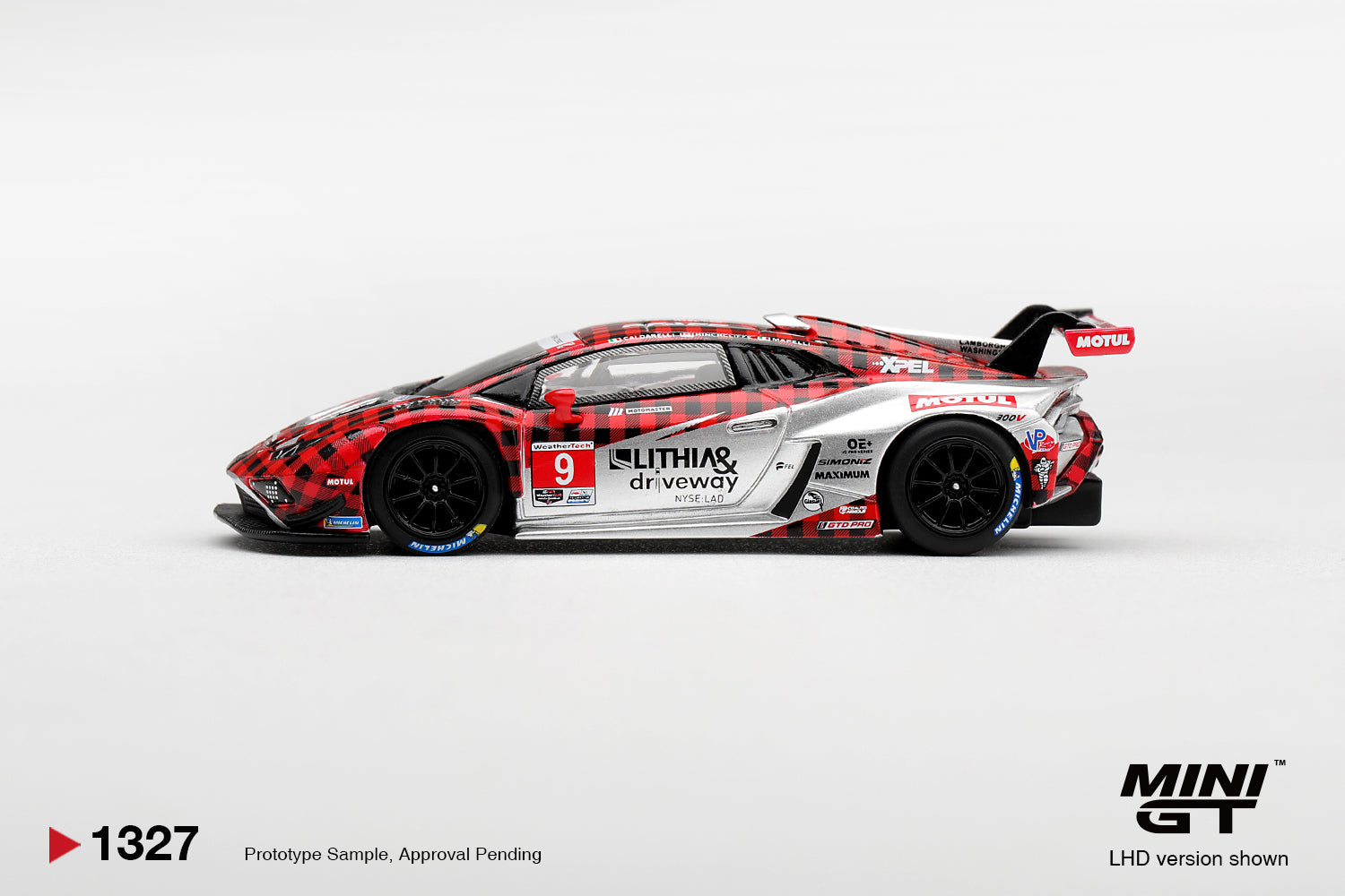 Mini GT Lamborghini Huracán GT3 EVO2 #9 PFAFF Motorsports GTD PRO race car. Side