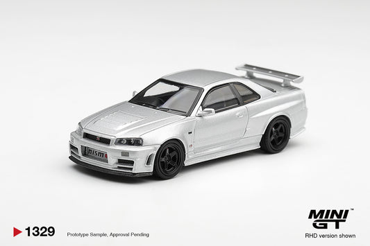 Mini GT Nissan Skyline GT-R R34 Z-Tune in Silver Metallic. Front