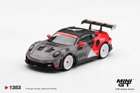 Mini GT Porsche 911 992 GT3 RS Staple X Inozetek 2025, detailed 1:64 scale collaboration model