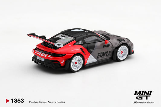 Mini GT Porsche 911 992 GT3 RS Staple X Inozetek 2025, detailed 1:64 scale collaboration model