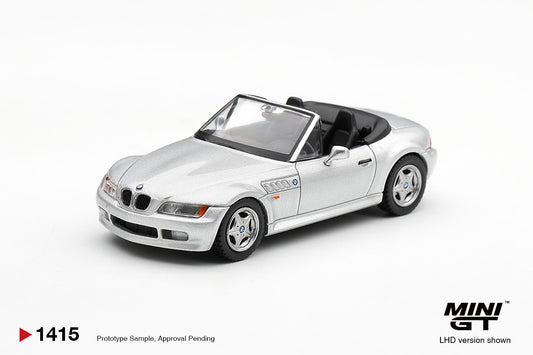 Mini GT BMW Z3 2.8i 1997 in Titanium Silver, detailed 1:64 scale classic BMW roadster model