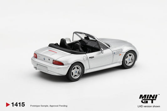 Mini GT BMW Z3 2.8i 1997 in Titanium Silver, detailed 1:64 scale classic BMW roadster model