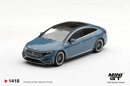 Mini GT Mercedes-Benz EQS 53 2021 in Nautic Blue Metallic, detailed 1:64 scale electric luxury sedan model