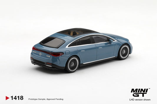 Mini GT Mercedes-Benz EQS 53 2021 in Nautic Blue Metallic, detailed 1:64 scale electric luxury sedan model
