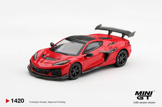 Mini GT Chevrolet Corvette ZR1 2028 in Torch Red, detailed 1:64 scale model in blister packaging