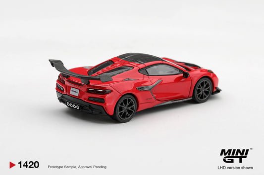 Mini GT Chevrolet Corvette ZR1 2028 in Torch Red, detailed 1:64 scale model in blister packaging