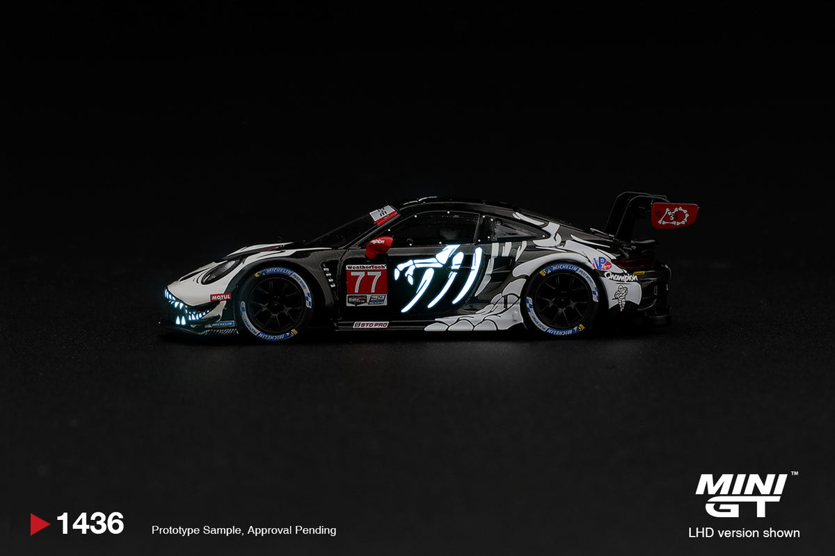 Mini GT Porsche 911 992 GT3 R number 77 AO Racing Skeleton Rexy Petit Le Mans 2026, 1:64 model