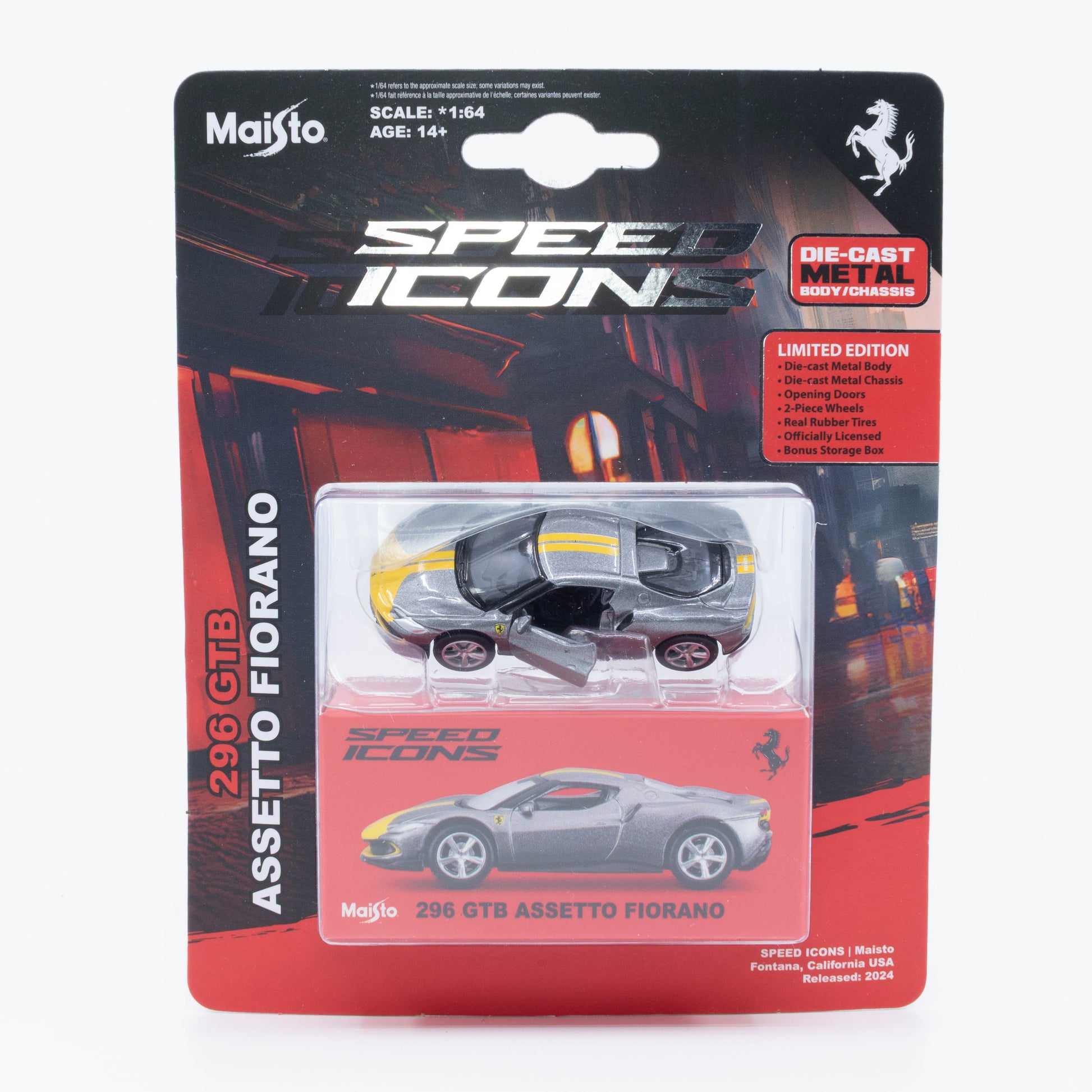 1:64 Maisto Speed Icons Ferrari 296 GTB Assetto Fiorano Grey/Yellow – hybrid Ferrari die-cast model with opening doors.