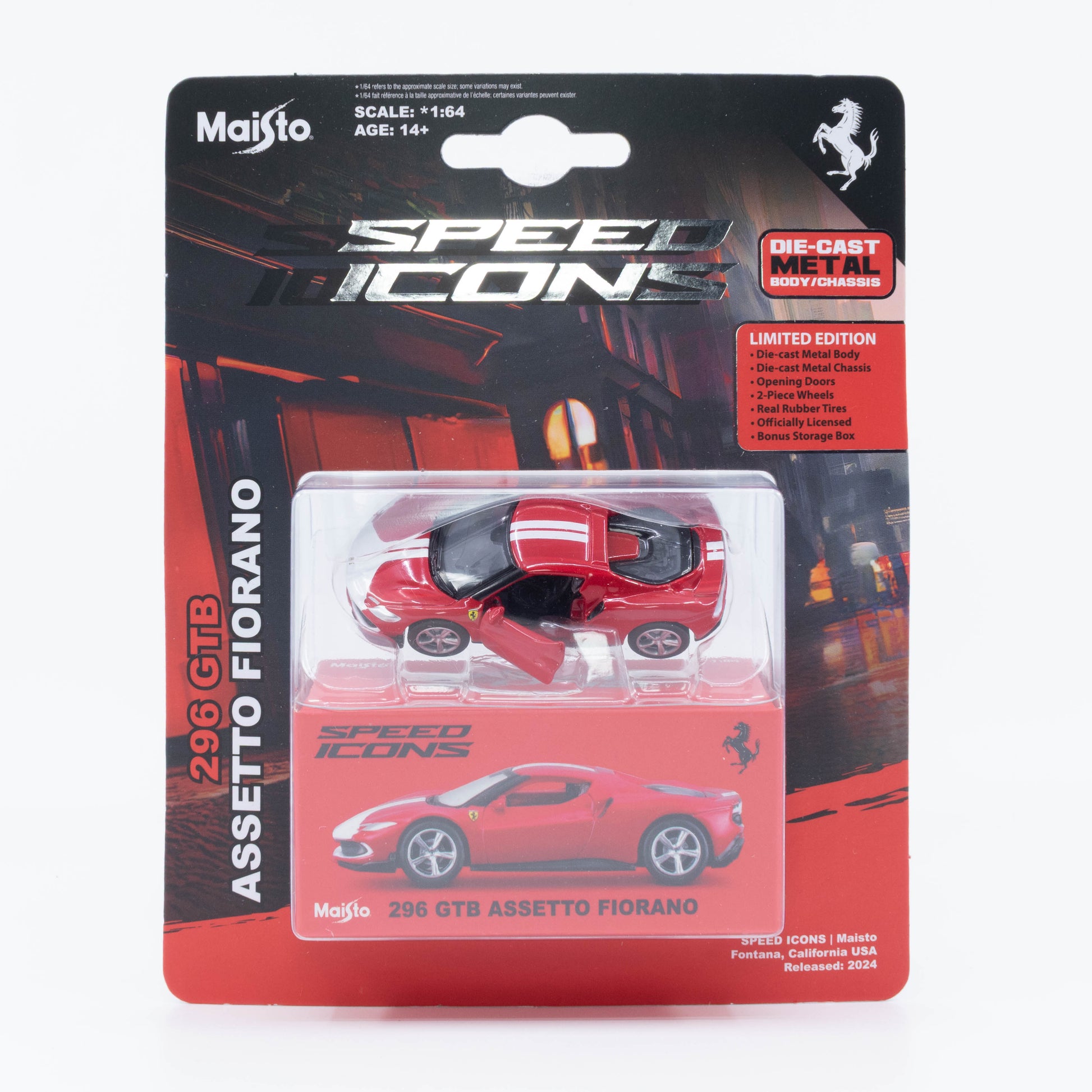 1:64 Maisto Speed Icons Ferrari 296 GTB Assetto Fiorano Red/Silver – hybrid Ferrari die-cast model with opening doors.