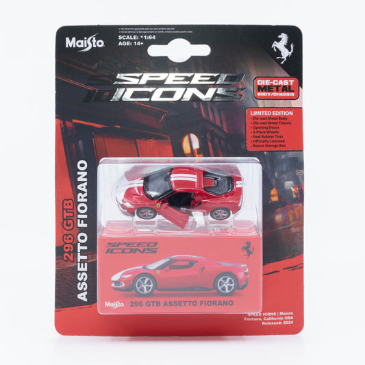 1:64 Maisto Speed Icons Ferrari 296 GTB Assetto Fiorano Red/Silver – hybrid Ferrari die-cast model with opening doors.