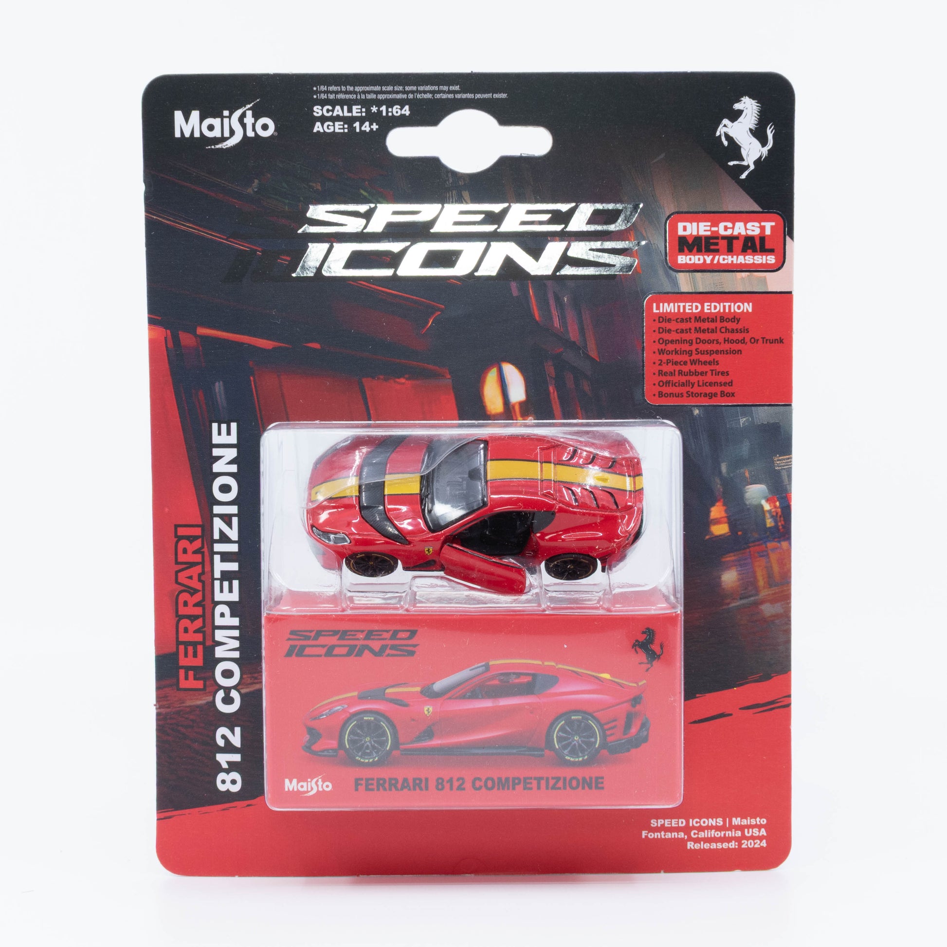 1:64 Maisto Speed Icons Ferrari 812 Competizione Red/Yellow – die-cast Ferrari model with opening doors.