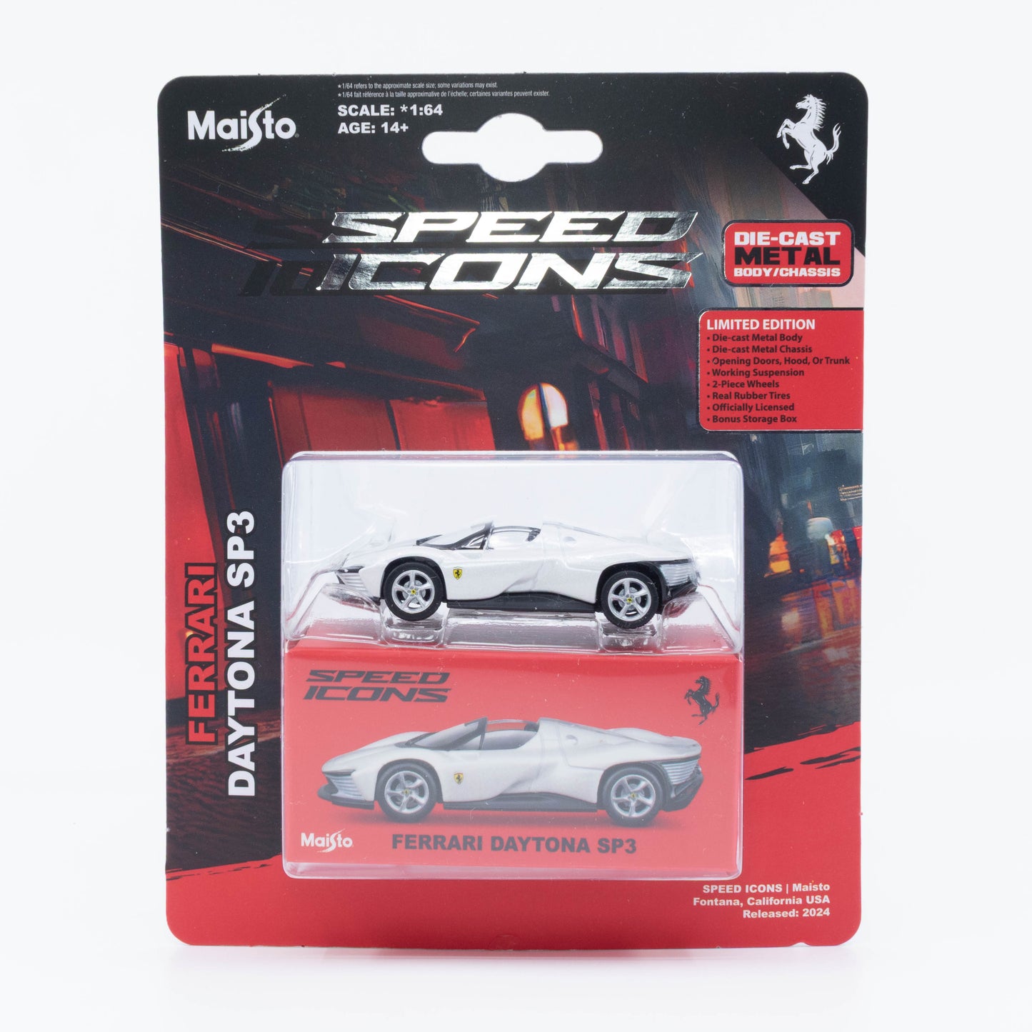 1:64 Maisto Speed Icons Ferrari Daytona SP3 White/Silver – die-cast Ferrari model with metallic finish.