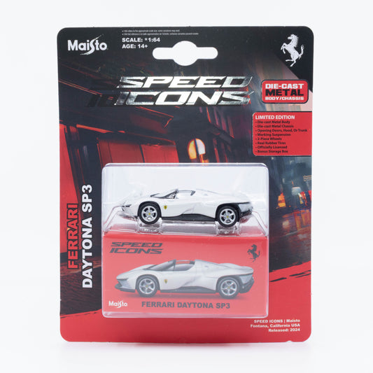 1:64 Maisto Speed Icons Ferrari Daytona SP3 White/Silver – die-cast Ferrari model with metallic finish.