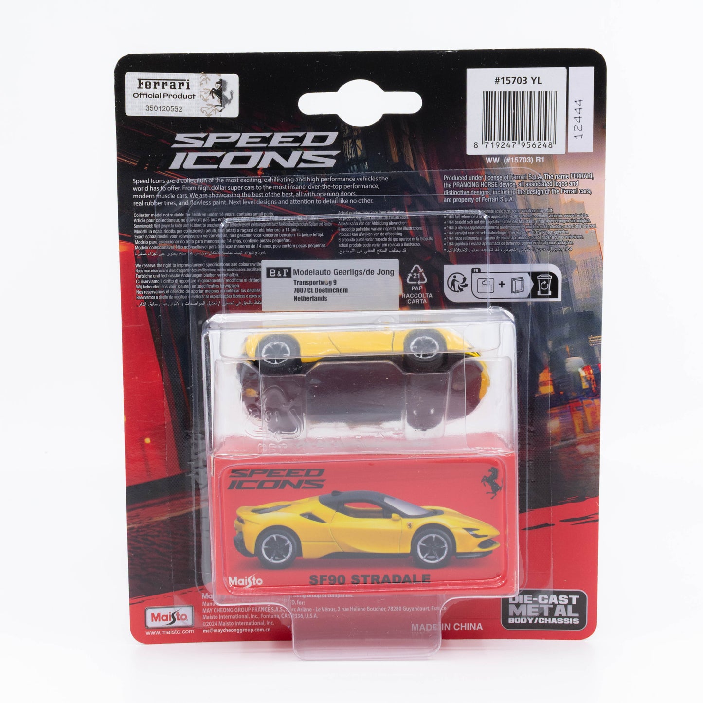 1:64 Maisto Speed Icons Ferrari SF90 Stradale in yellow with detailed bodywork. Package Back