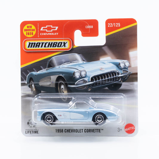 Matchbox 1:64 1958 Chevrolet Corvette light blue classic American roadster die-cast model.