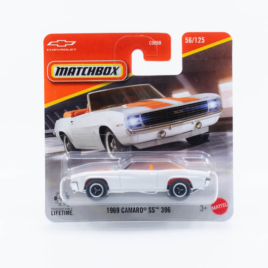 Matchbox 1:64 Chevrolet Camaro SS 396 1969 white orange stripes diecast model