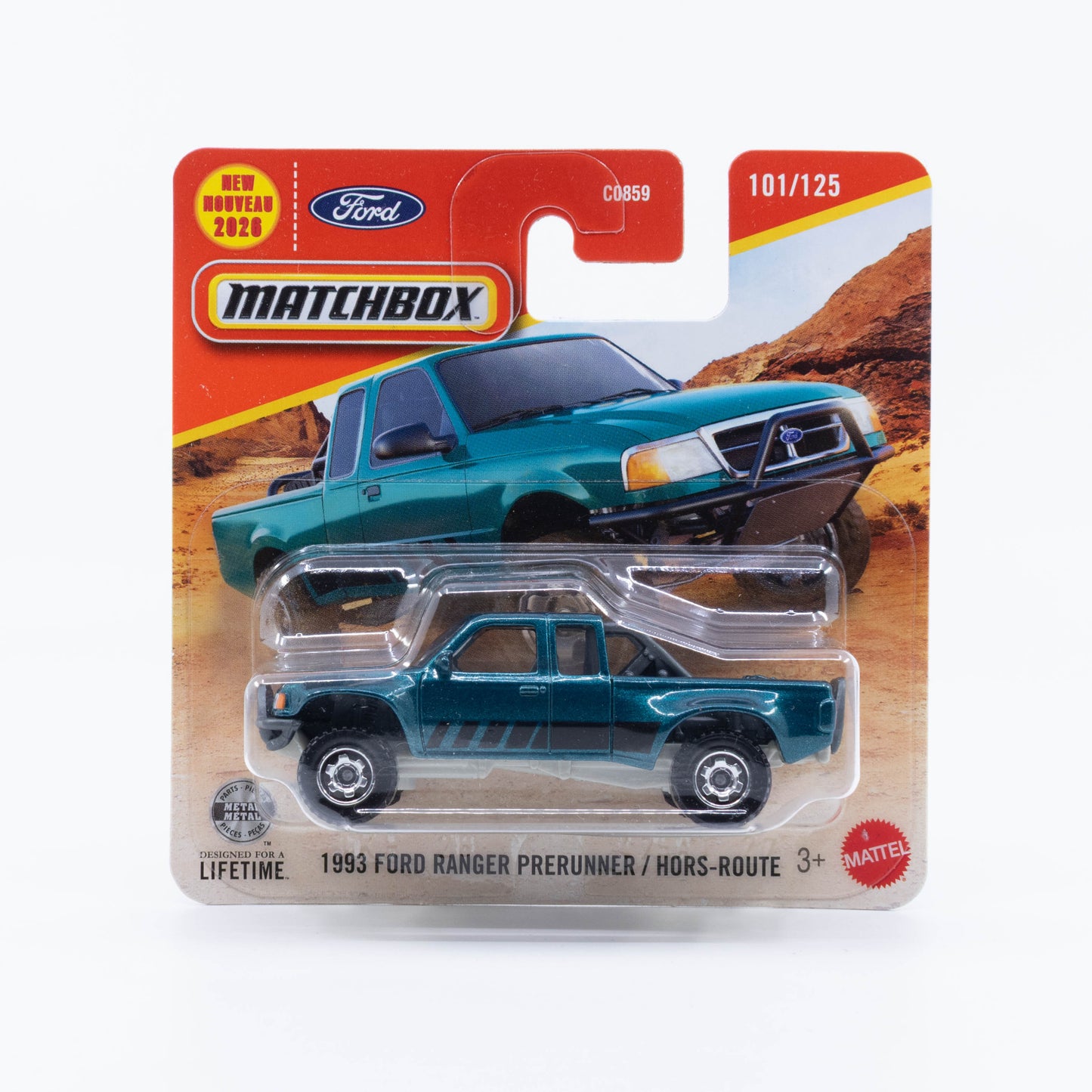 Matchbox new model 1993 Ford Ranger Prerunner built for high-speed desert off-roading.