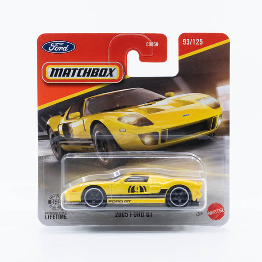 Matchbox 2005 Ford GT in yellow racing livery.