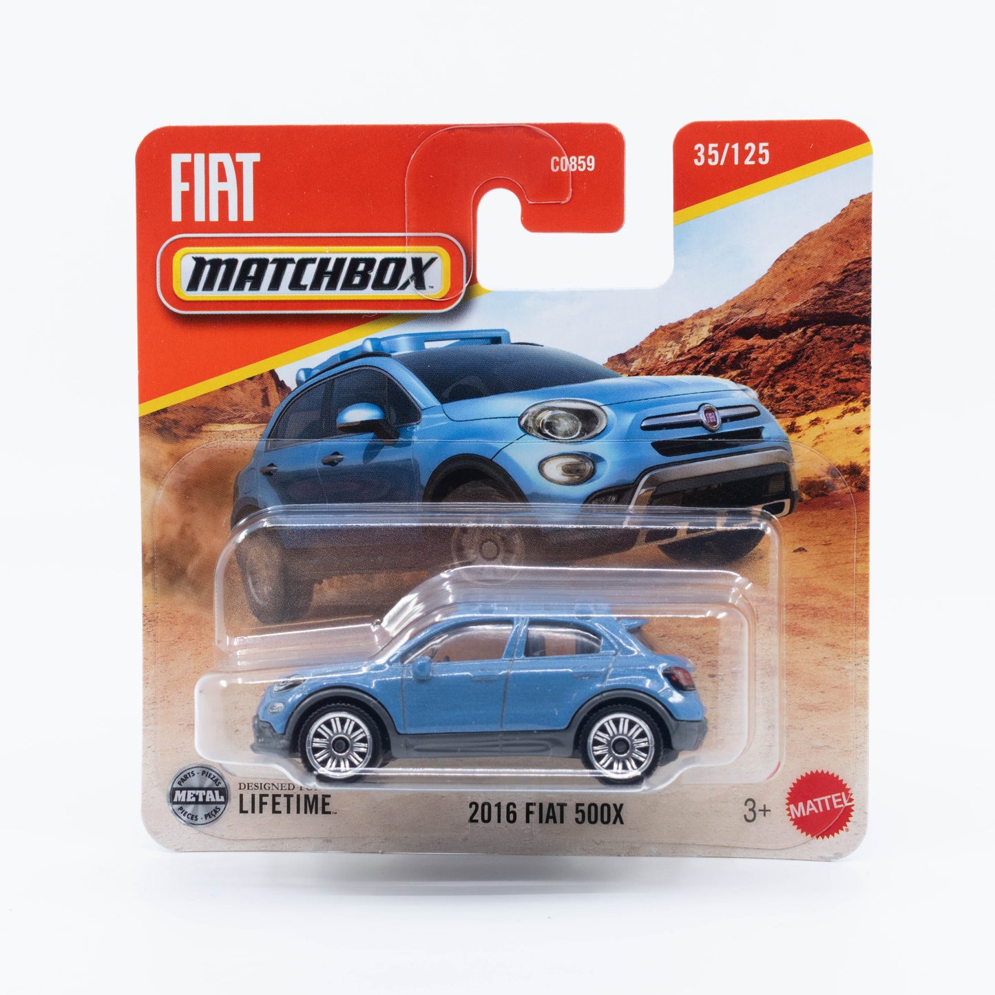 1:64 Matchbox 2016 Fiat 500X Blue – die-cast compact crossover model.