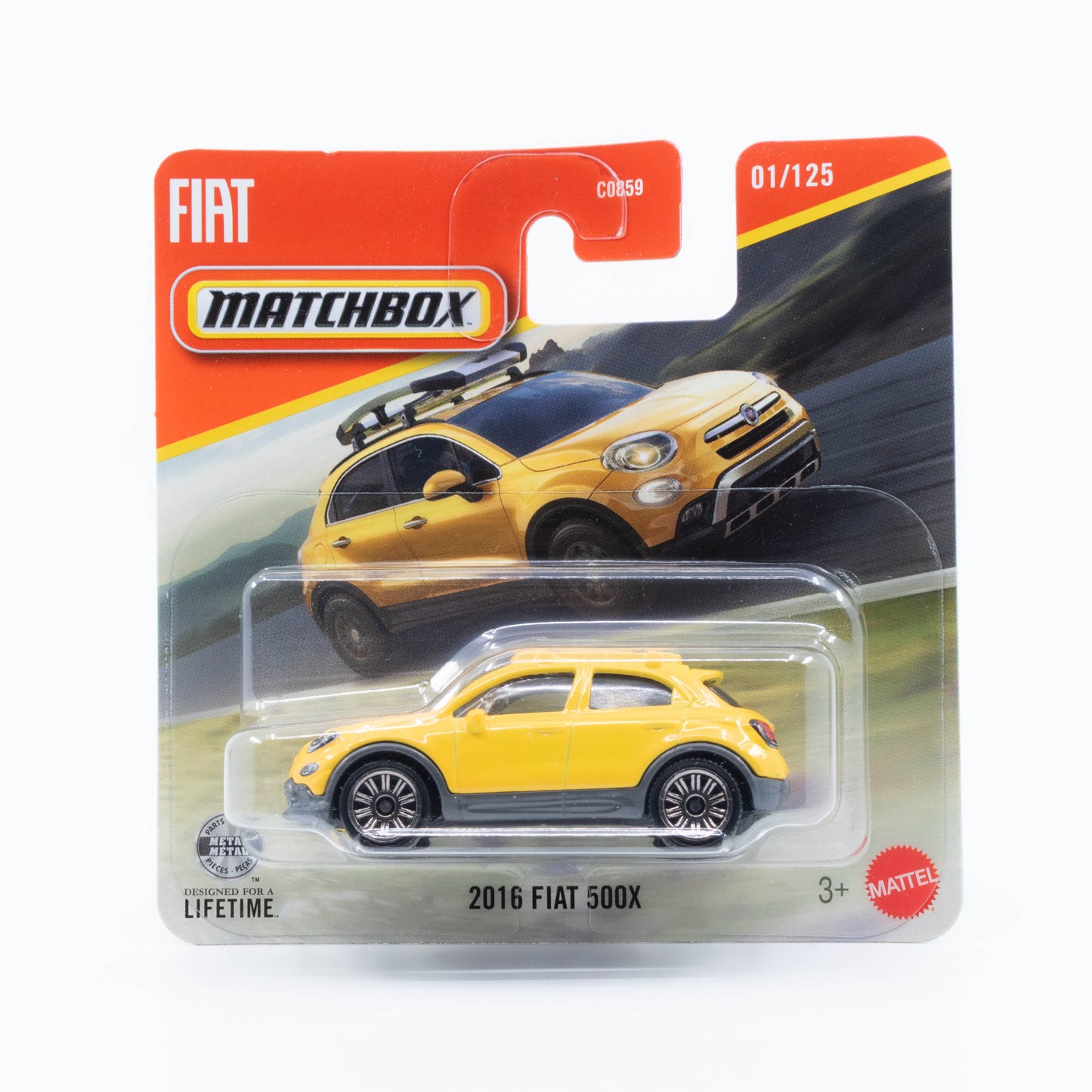 Matchbox 1:64 2016 Fiat 500X yellow compact crossover die-cast model.