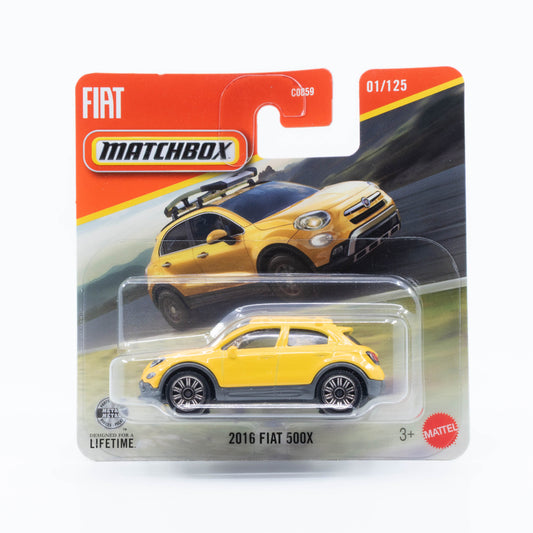 Matchbox 1:64 2016 Fiat 500X yellow compact crossover die-cast model.