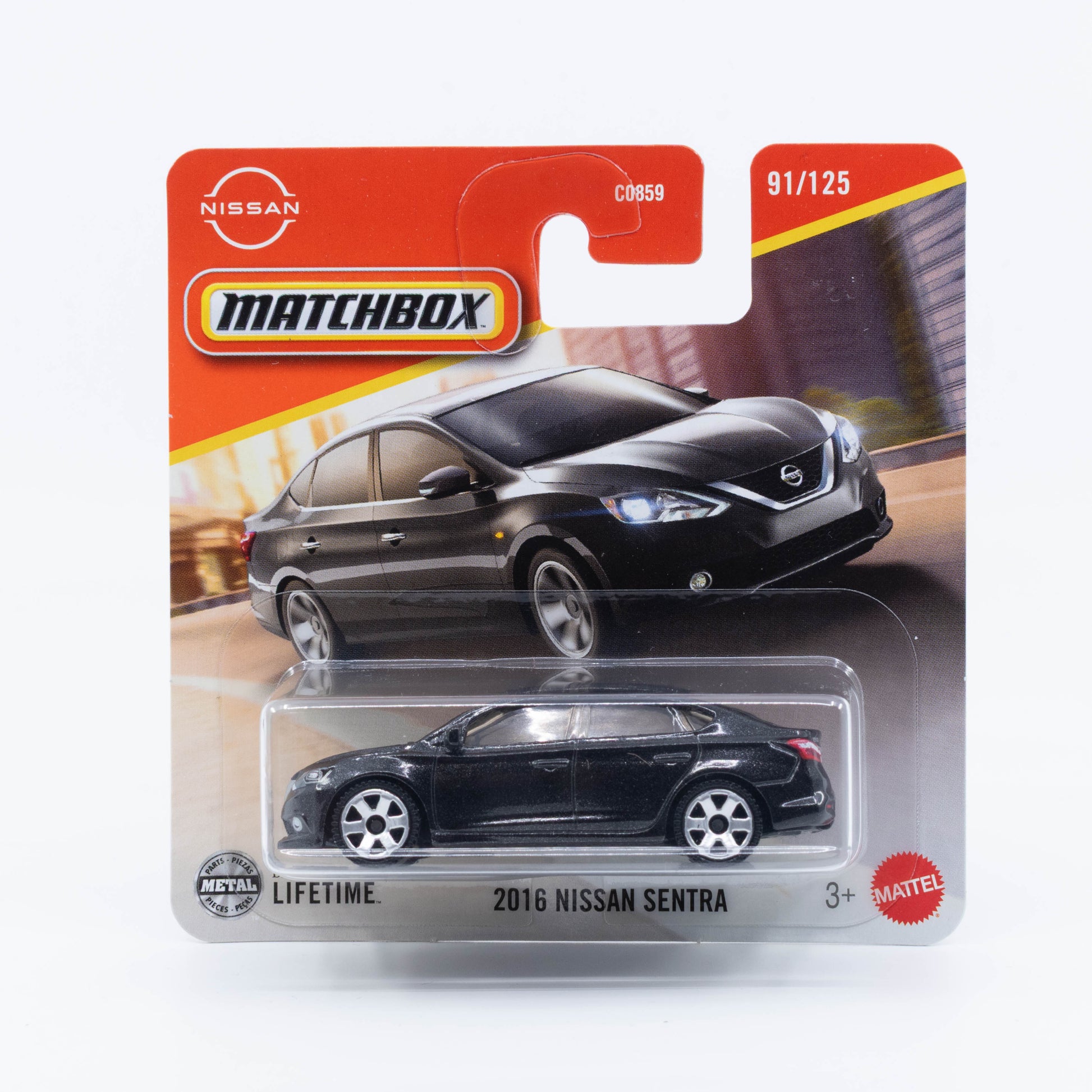 1:64 Matchbox 2016 Nissan Sentra Black – die-cast modern sedan model.