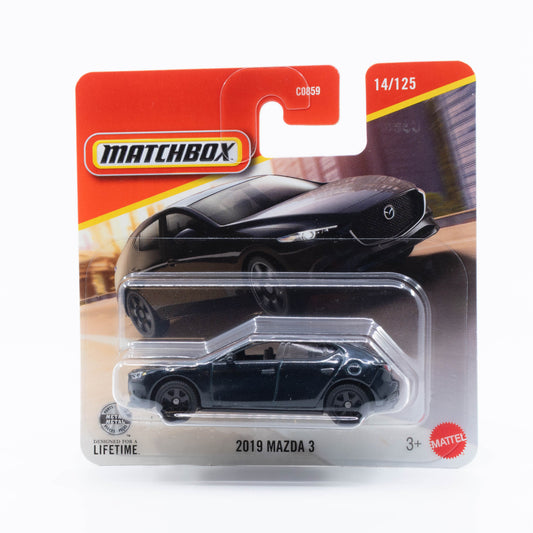 Matchbox 1:64 2019 Mazda 3 black realistic modern compact car die-cast model.
