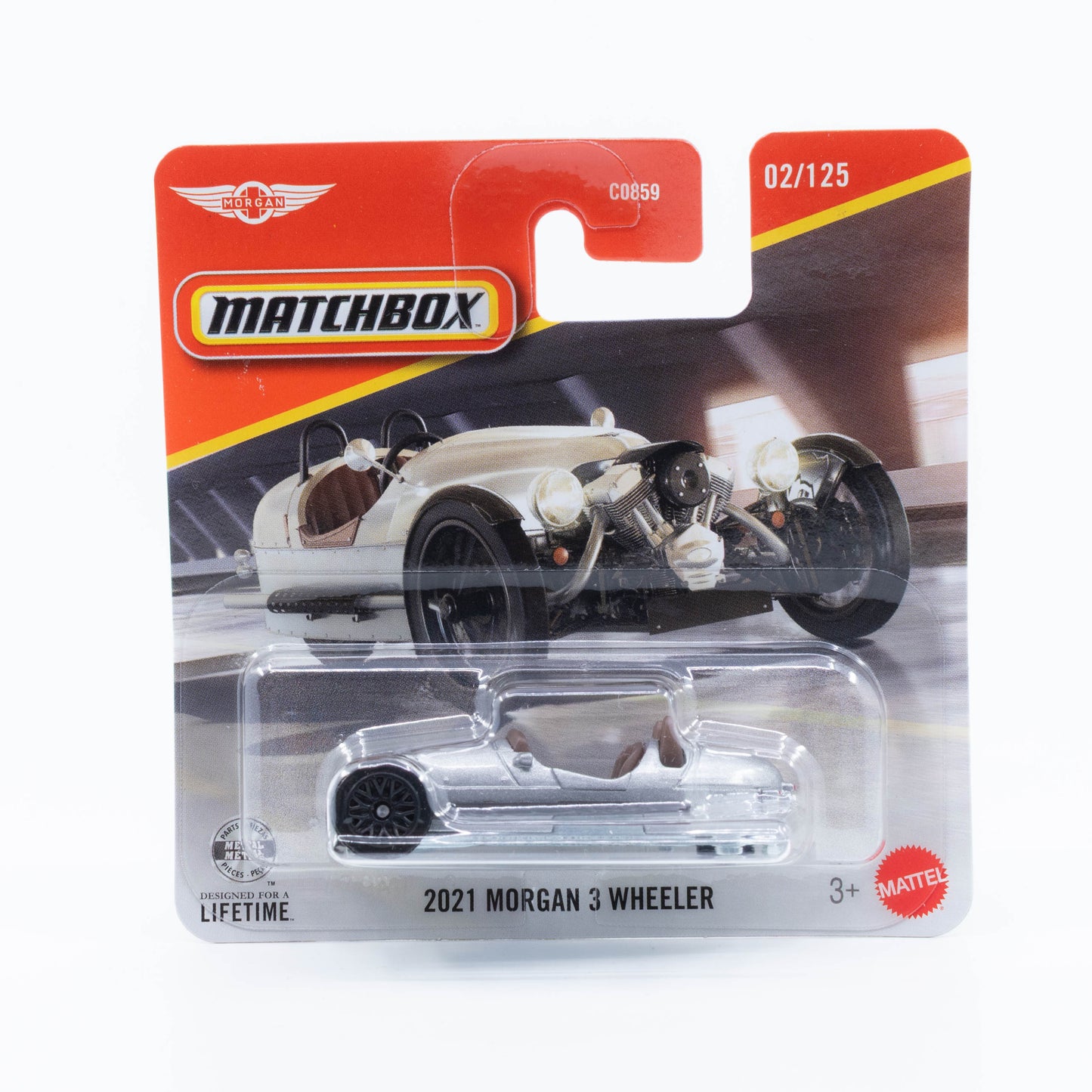 Matchbox 1:64 2021 Morgan 3 Wheeler silver three-wheel roadster die-cast model.