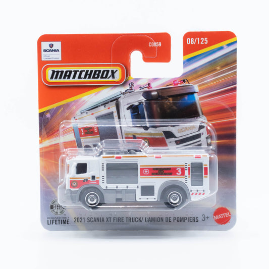 Matchbox 1:64 2021 Scania XT Fire Truck white realistic emergency service vehicle.
