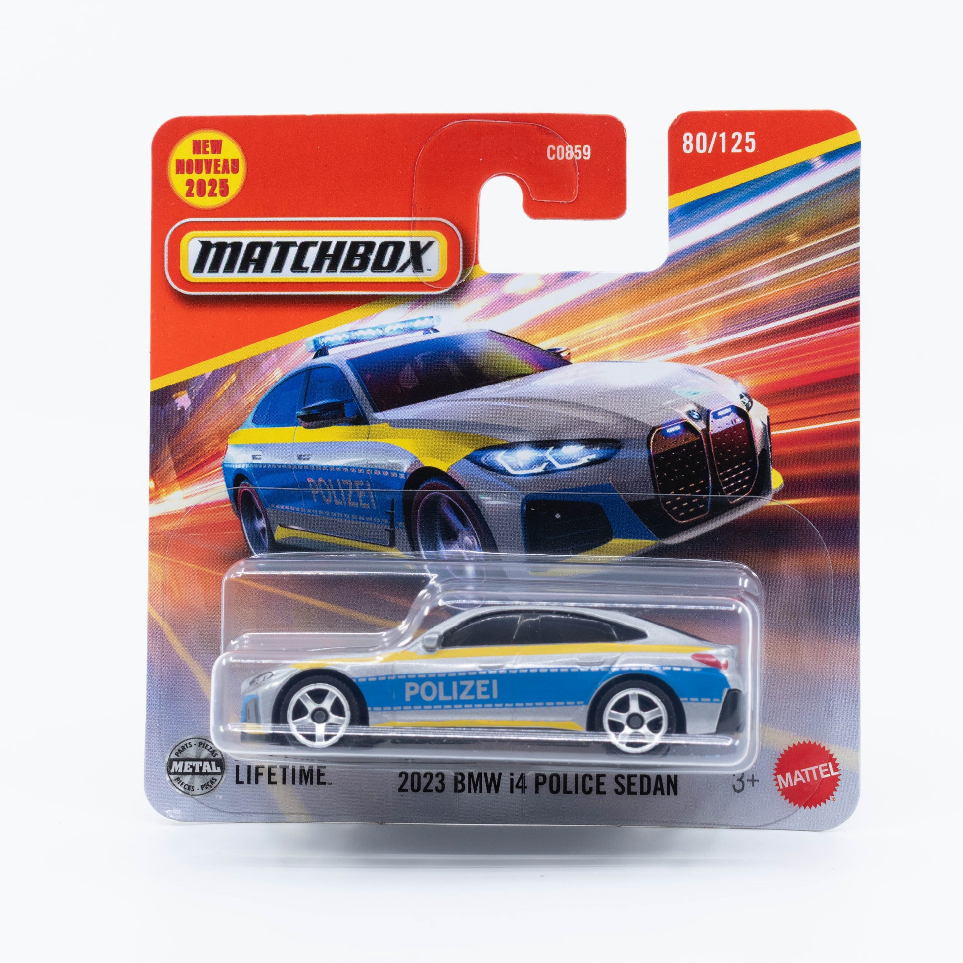 1:64 Matchbox 2023 BMW i4 Police Sedan – electric police car die-cast model.