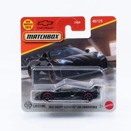 1:64 Matchbox 2023 Chevy Corvette Z06 Convertible Black – die-cast open-top sports car model.
