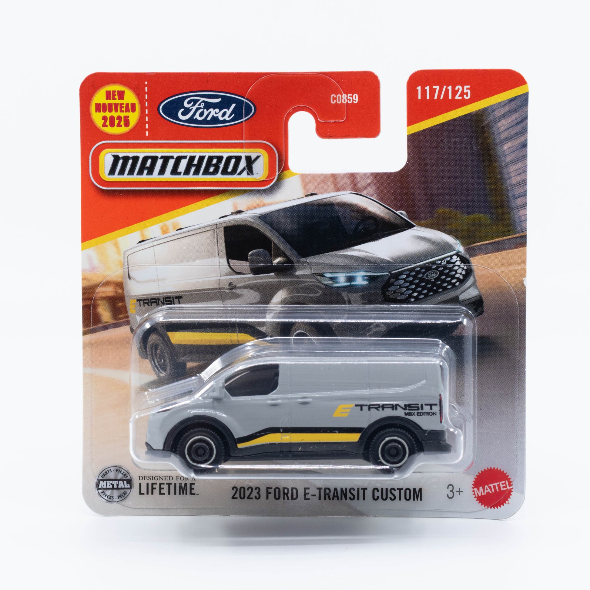 1:64 Matchbox 2023 Ford E-Transit Custom Grey – die-cast electric commercial van model.