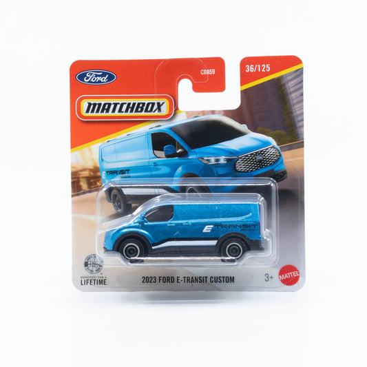 Matchbox basic 2023 Ford E-Transit Custom blue electric utility van 1:64 diecast model