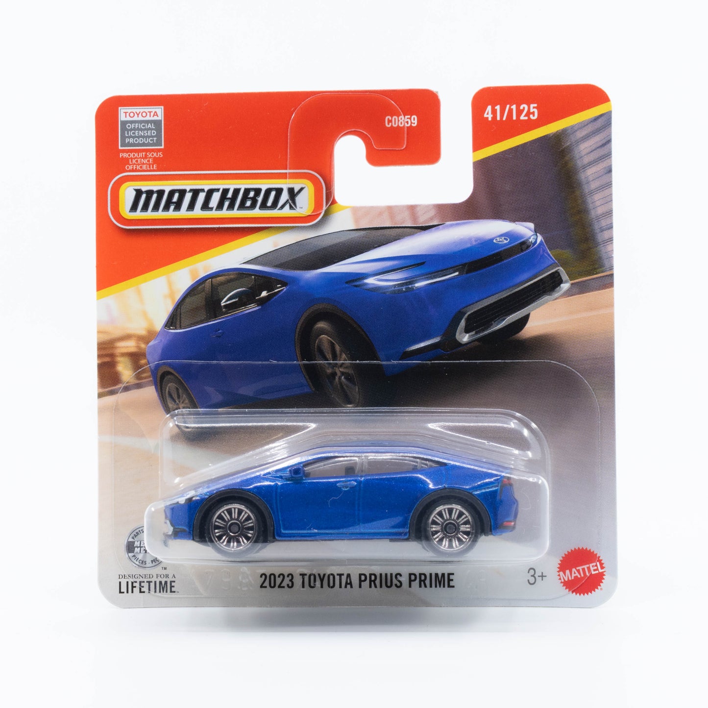 Matchbox 1:64 2023 Toyota Prius Prime blue plug-in hybrid passenger car model.