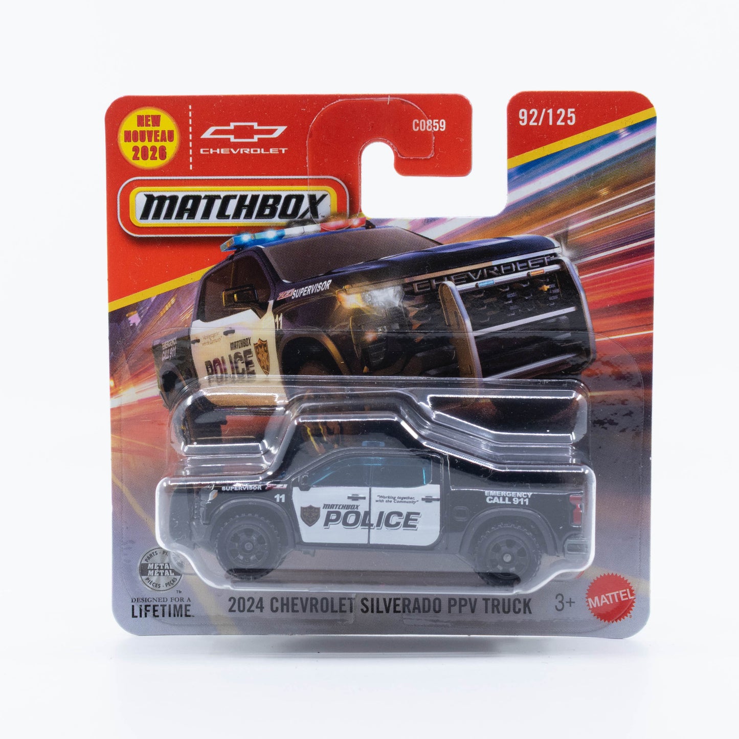 Matchbox 2024 Chevrolet Silverado PPV Truck in black and white police livery.