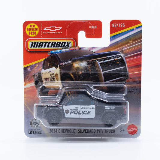 Matchbox 2024 Chevrolet Silverado PPV Truck in black and white police livery.