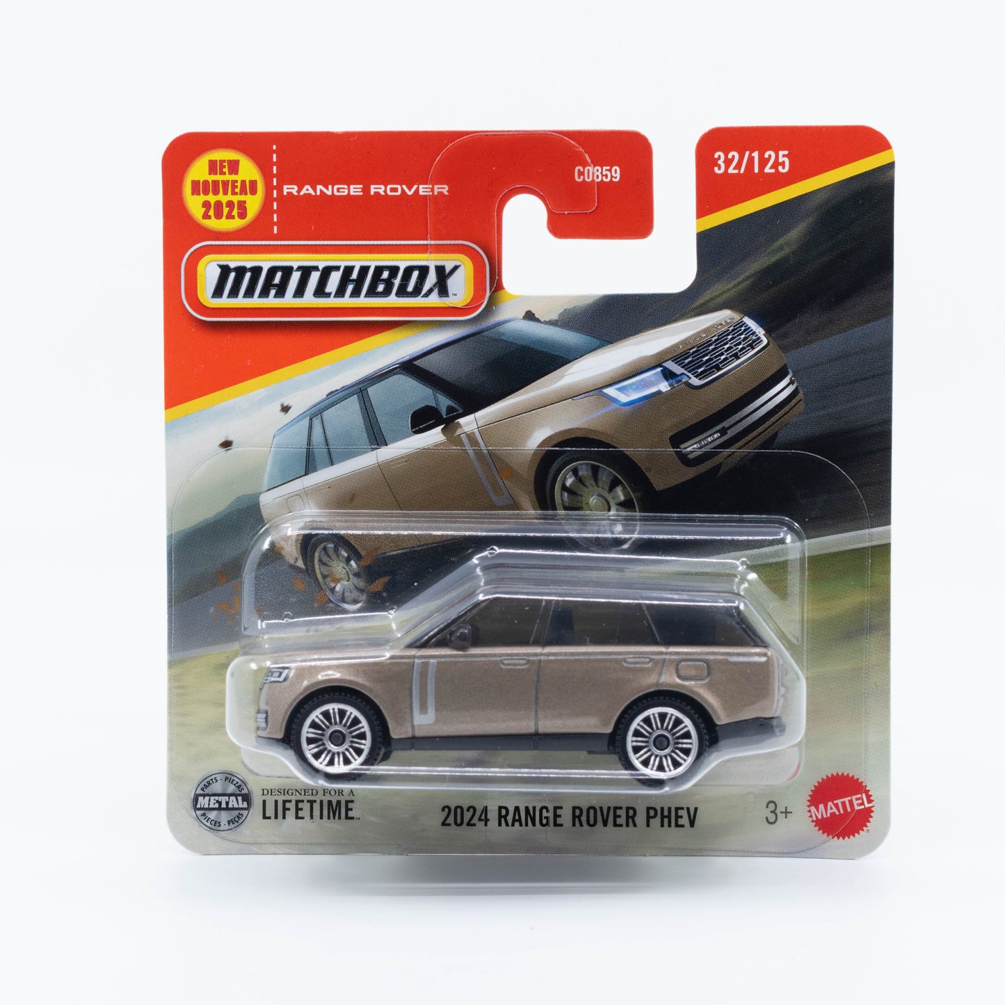 1:64 Matchbox 2024 Range Rover PHEV Golden – die-cast hybrid luxury SUV model.