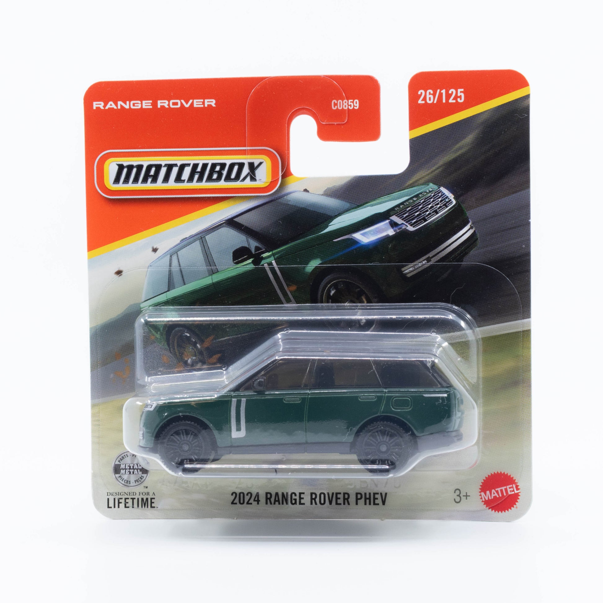Matchbox 1:64 2024 Range Rover PHEV dark green luxury plug-in hybrid SUV model.
