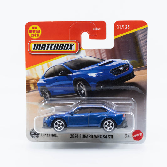 1:64 Matchbox Subaru WRX S4 STI 2024 Blue – die-cast performance sedan with rally-inspired styling.