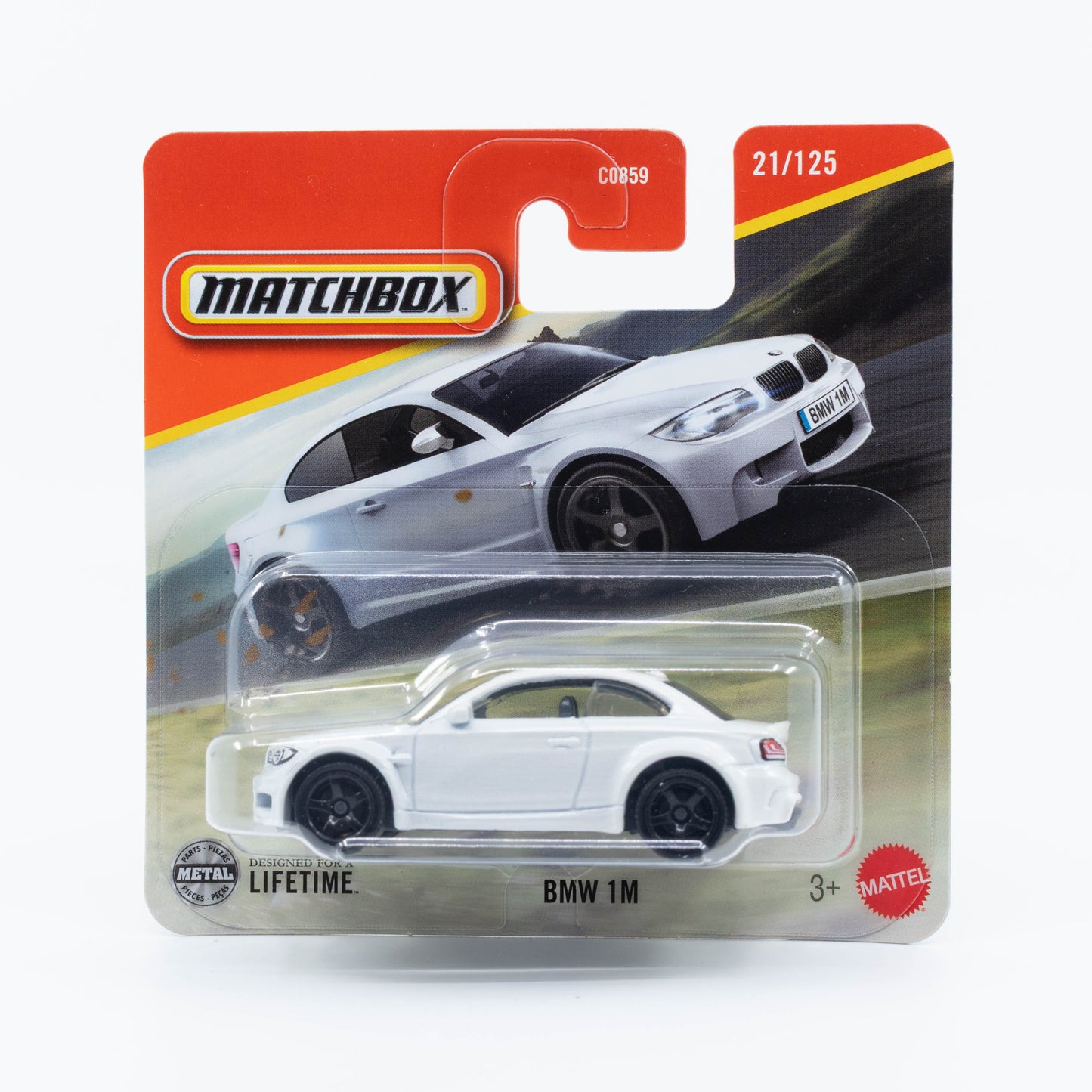 1:64 Matchbox BMW 1M White – die-cast BMW performance coupe model.
