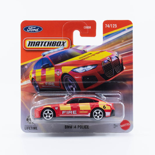 Matchbox BMW i4 emergency vehicle in red and yellow firefighter support livery.