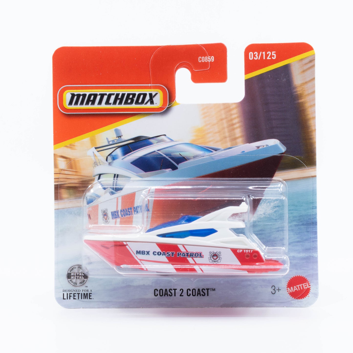 Matchbox 1:64 Coast 2 Coast boat in MBX Coast Patrol white and red rescue livery.